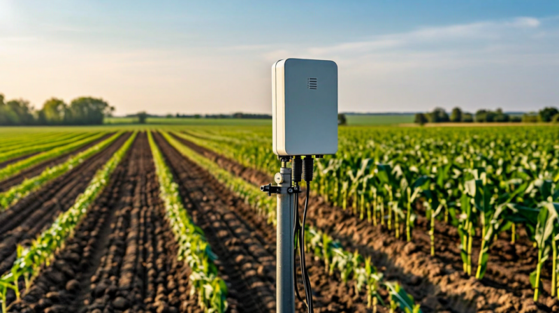 LoRaWAN gateway and cellular LTE modem on agricultural field poles