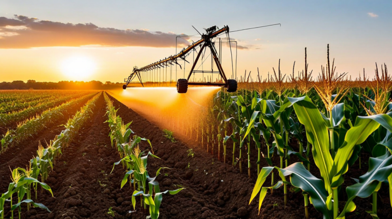 Center pivot irrigation over corn field at dusk with soil moisture sensor in foreground