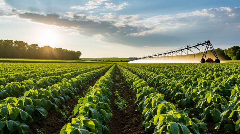 Irrigated soybean field at R5 pod-fill stage with center pivot in background